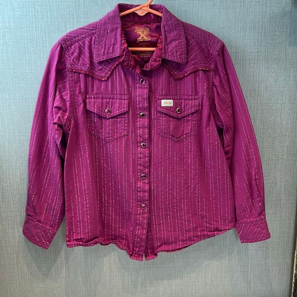 Twenty X Girls Snap Button Shirt Pink Sparkle Metallic Stripe Youth Sz M Western